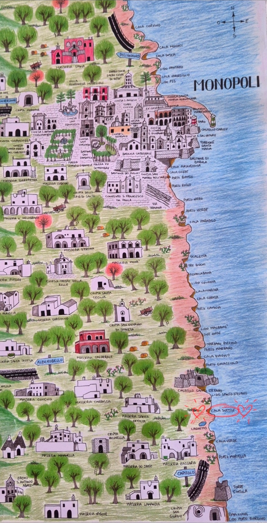 Mapa ilustrado de Monopoli, Italia, donde Diego le pidió matrimonio a Caro